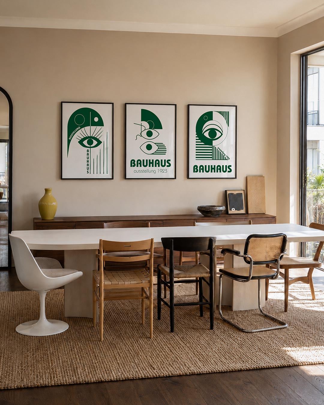 Oog en lijnen posterset – tweede productweergave – een groene halve cirkel met een oog in het midden, omringd door strakke