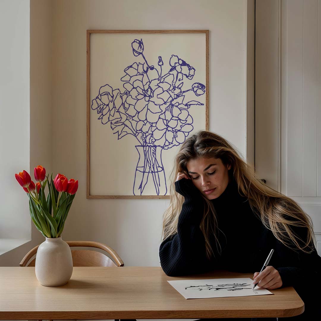 Elegante Bloemenlijntekening – culinaire wandkunst als portret poster