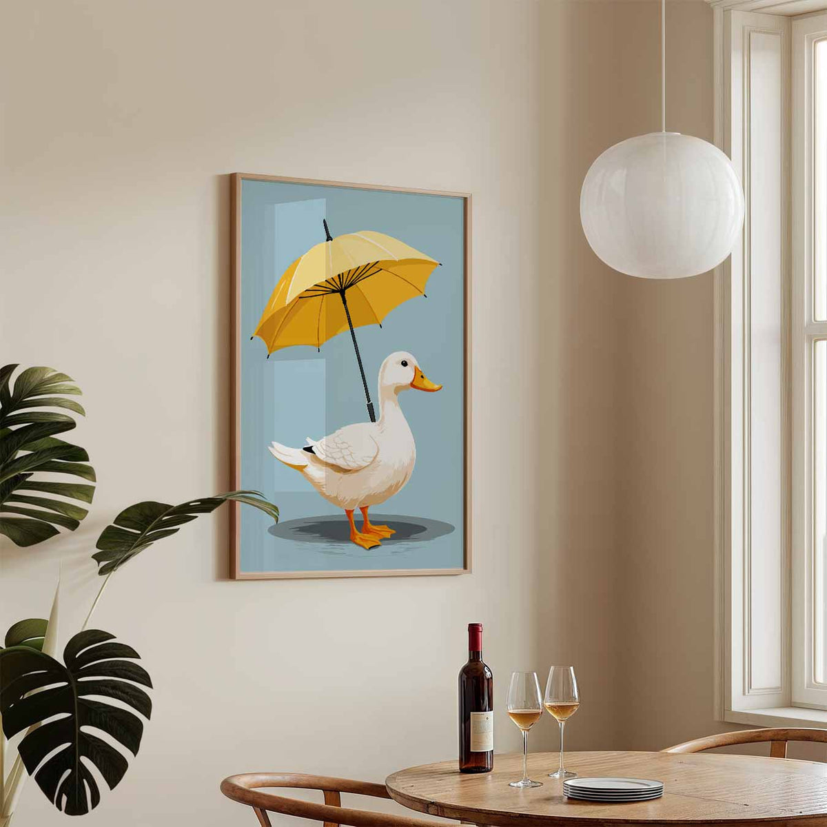 Vrolijke Eend met Paraplu – zomerse wandkunst als portret poster