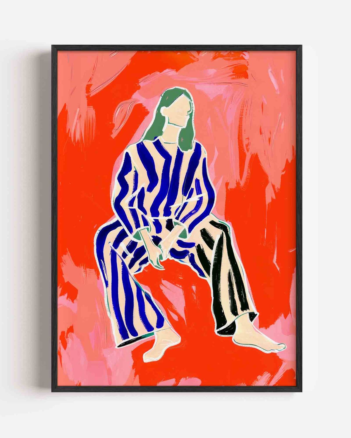 Zittende figuur met strepen – kleurrijke illustratie portret poster als wanddecoratie