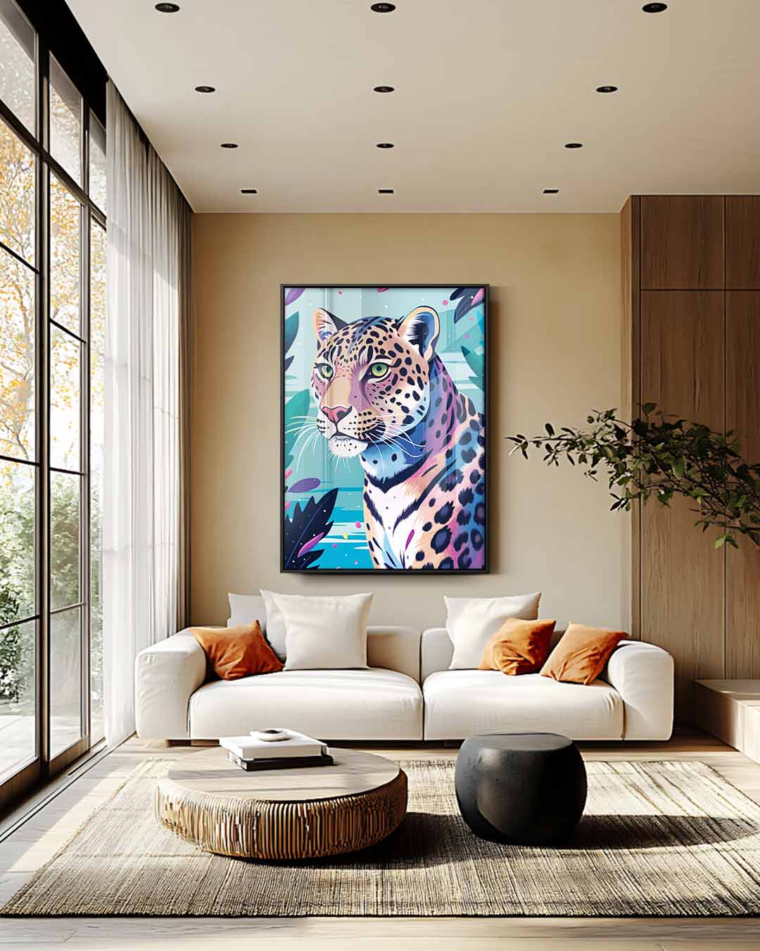 Elegante Luipaard in Kleurrijke Jungle – modern portret kunstwerk van WallArtistic