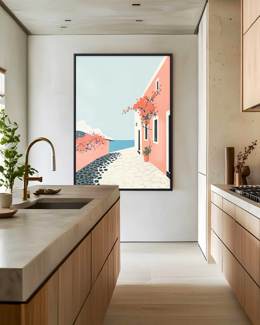 Zonnige Mediterrane Straat – canvas wanddecoratie in portret formaat