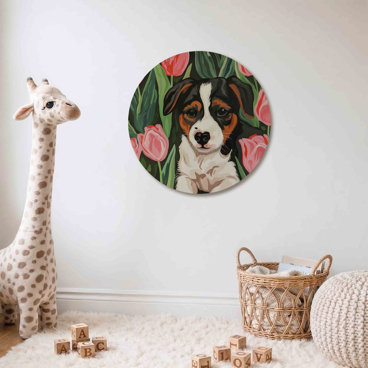 Hond tussen tulpen Muurcirkel – Een hond met een driekleurige vacht ligt tussen roze tulpen en groene bladeren.