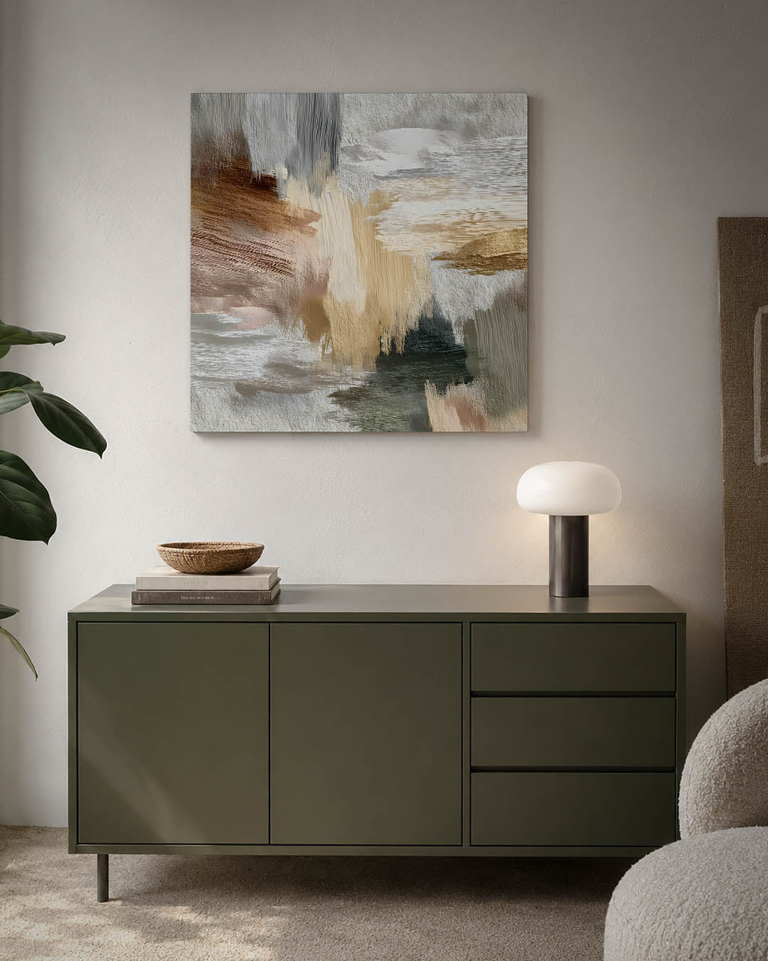 Dynamische kleurencompositie kunstwerk – detailweergave – dit werk toont een levendige mix van beige, bruin en grijs. De