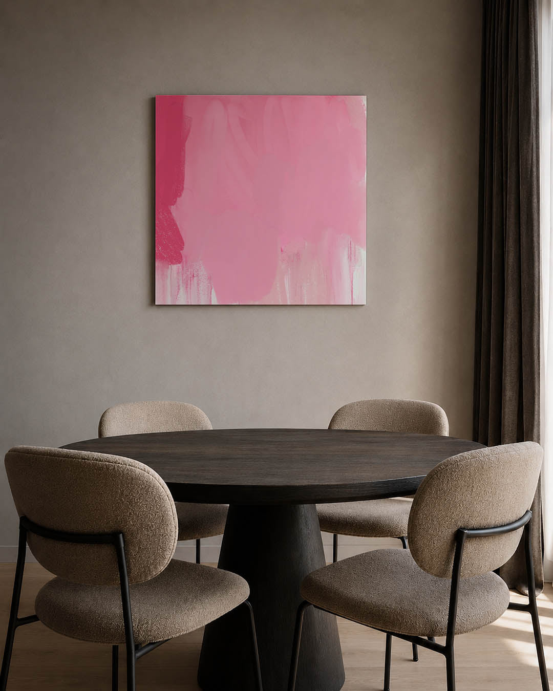 Roze vormen compositie kunstwerk – tweede productweergave – dit werk toont een zachte mix van roze tinten met vloeiende