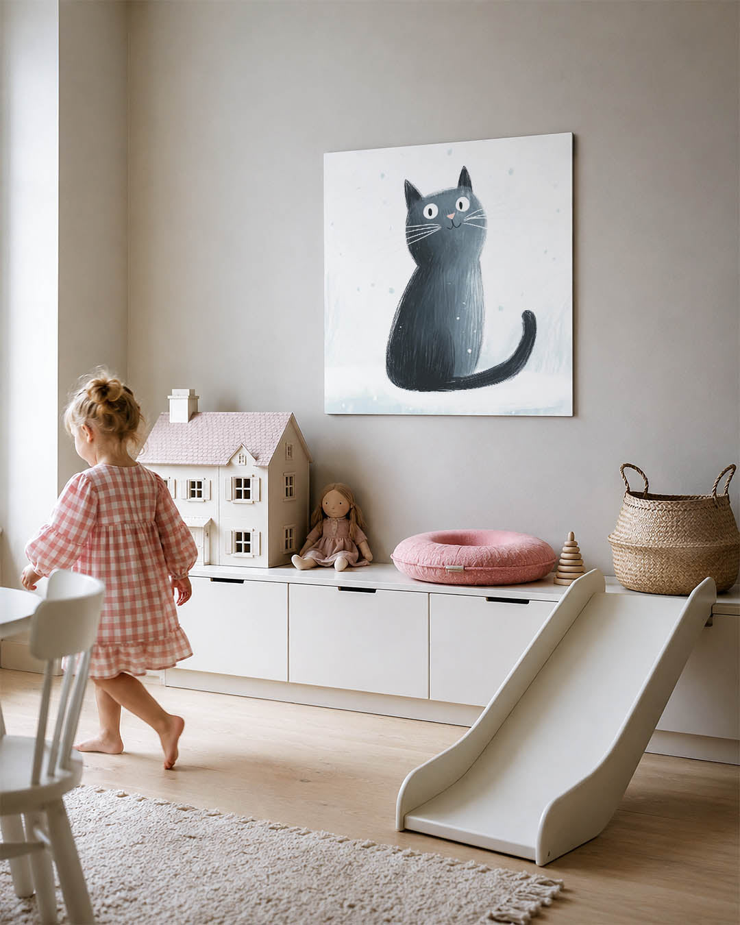 Speelse kat illustratie kunstwerk – tweede productweergave – dit kunstwerk toont een speelse kat met grote ogen tegen een