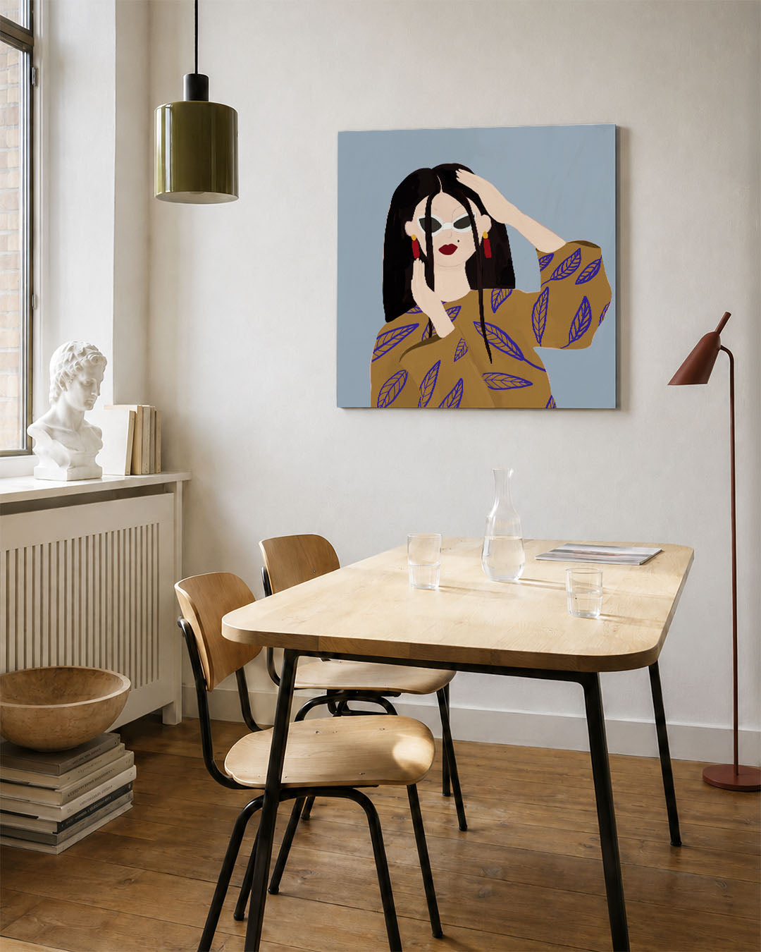 Vrouwelijk portret illustratie kunstwerk – vierkante wanddecoratie – dit werk toont een vrouw met donkere haren en opvallende