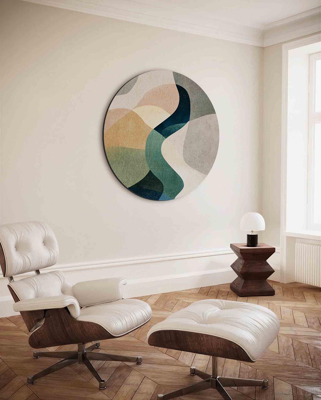Abstracte vormen – moderne ronde wanddecoratie met vrouwelijk portret