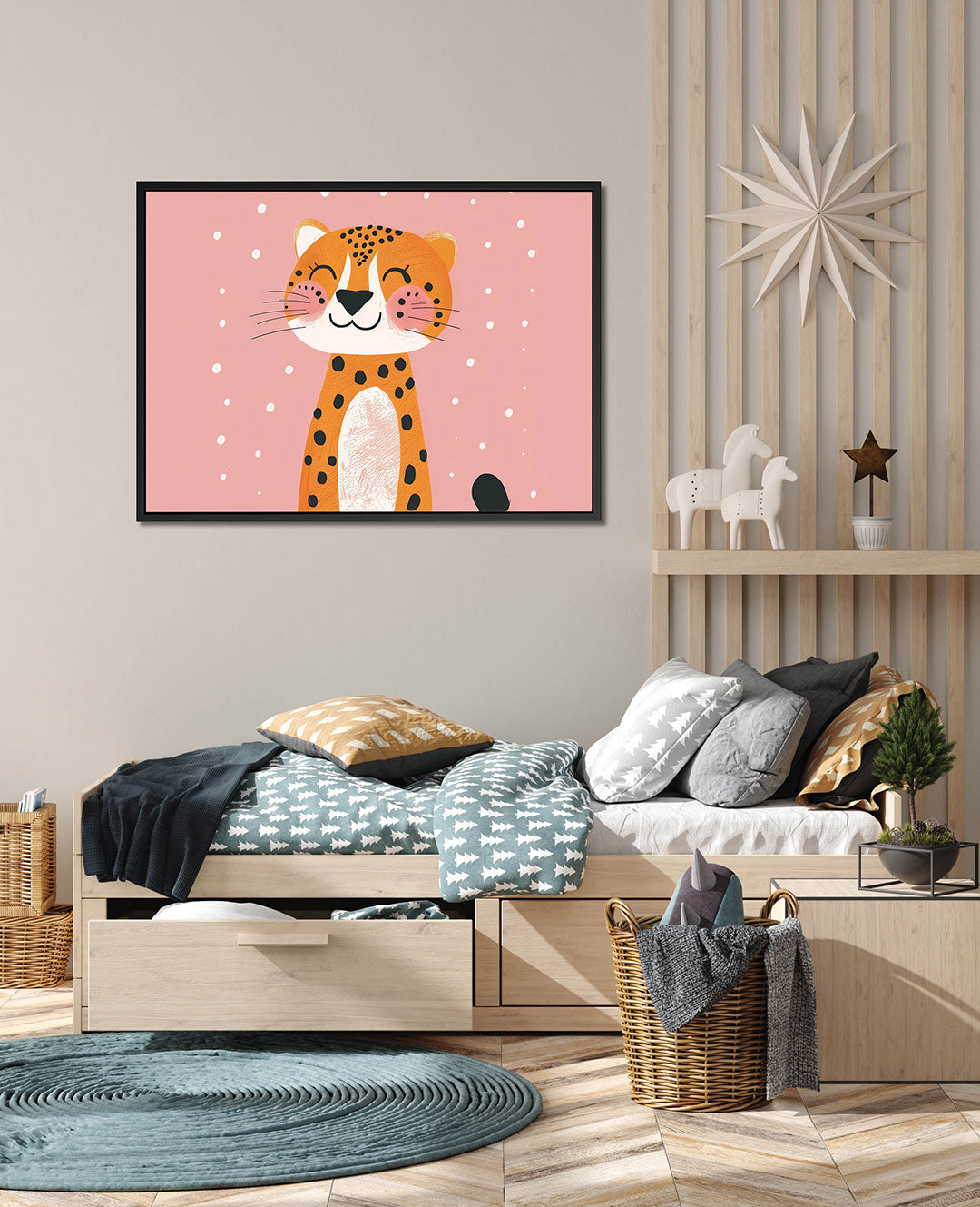 Vrolijke luipaard illustratie – Vrolijke – wanddecoratie in interieur