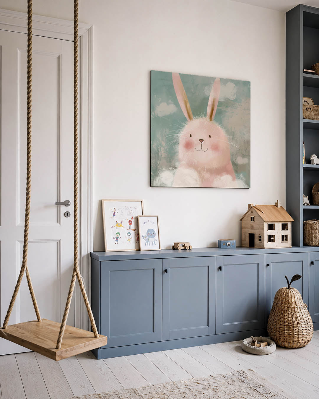 Dromerige illustratie kunstwerk – vierkante wanddecoratie – een schattig dier met zachte lijnen en pastelkleuren. De
