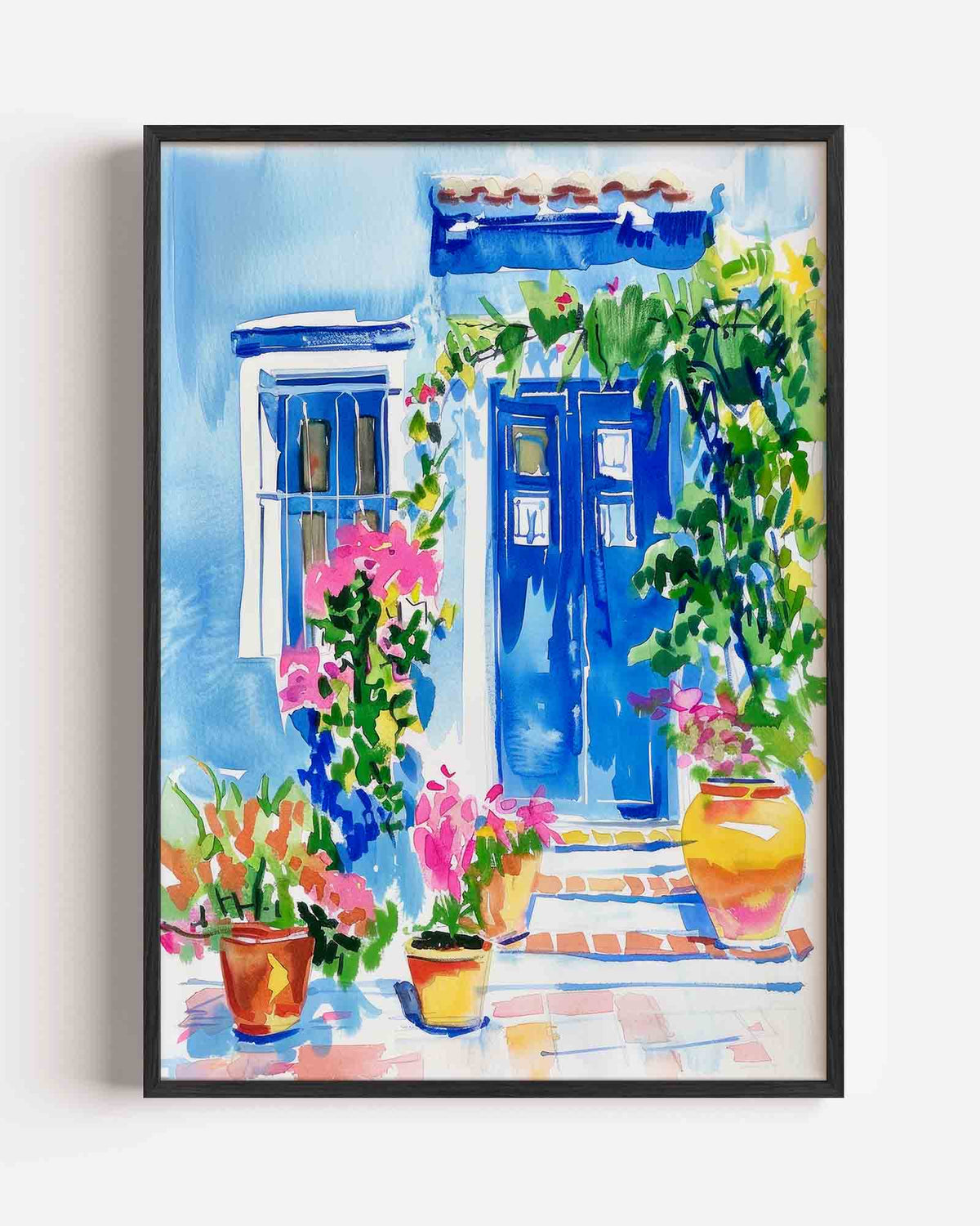 Blauwe deur en bloemen – kleurrijke illustratie portret poster als wanddecoratie