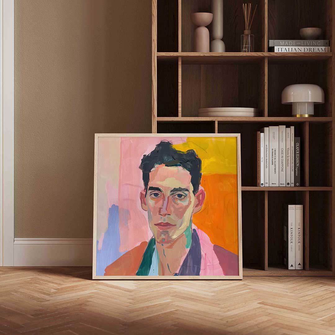 Portret met kleurrijke achtergrond – vierkante design wanddecoratie van WallArtistic