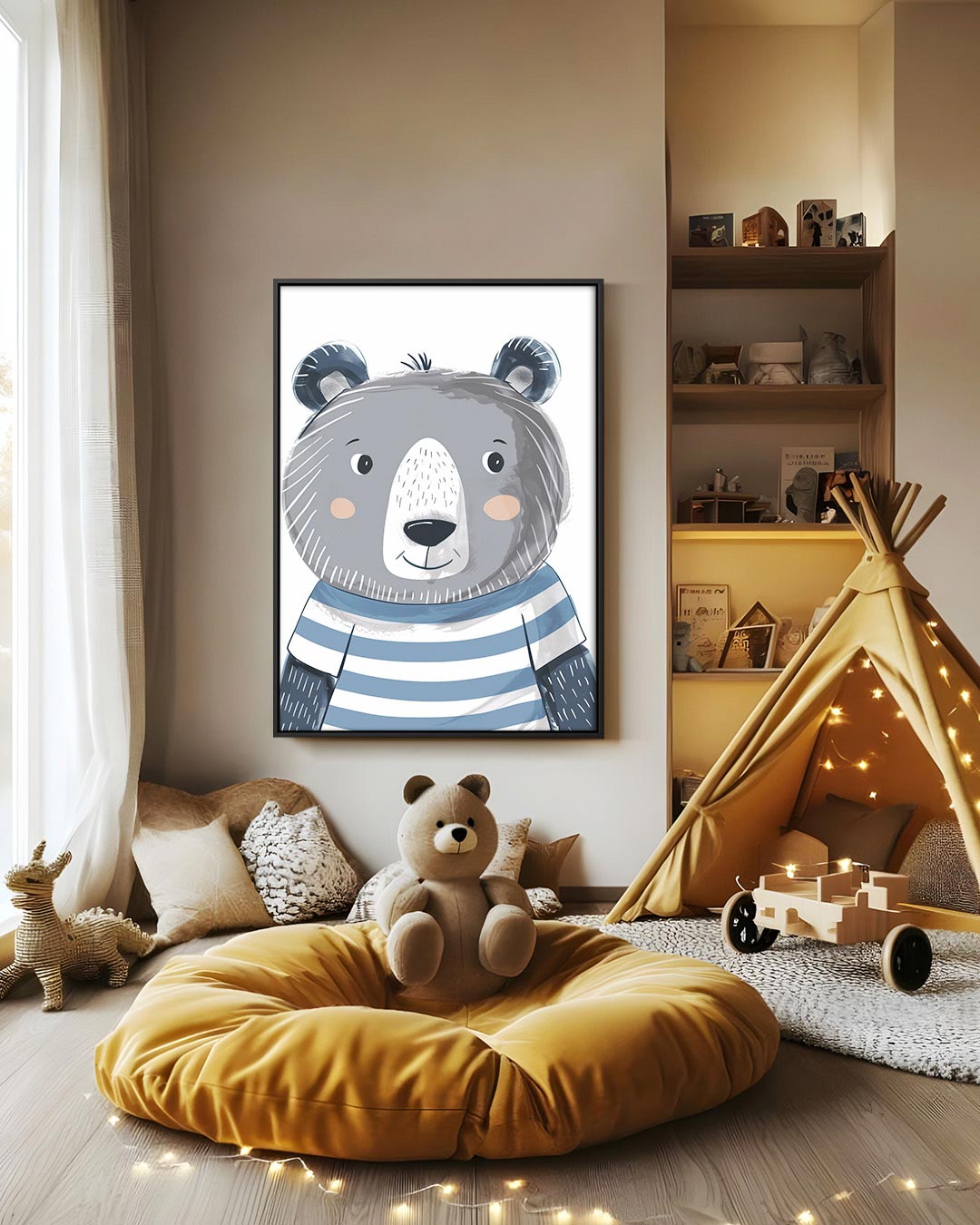 Vrolijke beer illustratie – decoratief kunstwerk voor aan de muur