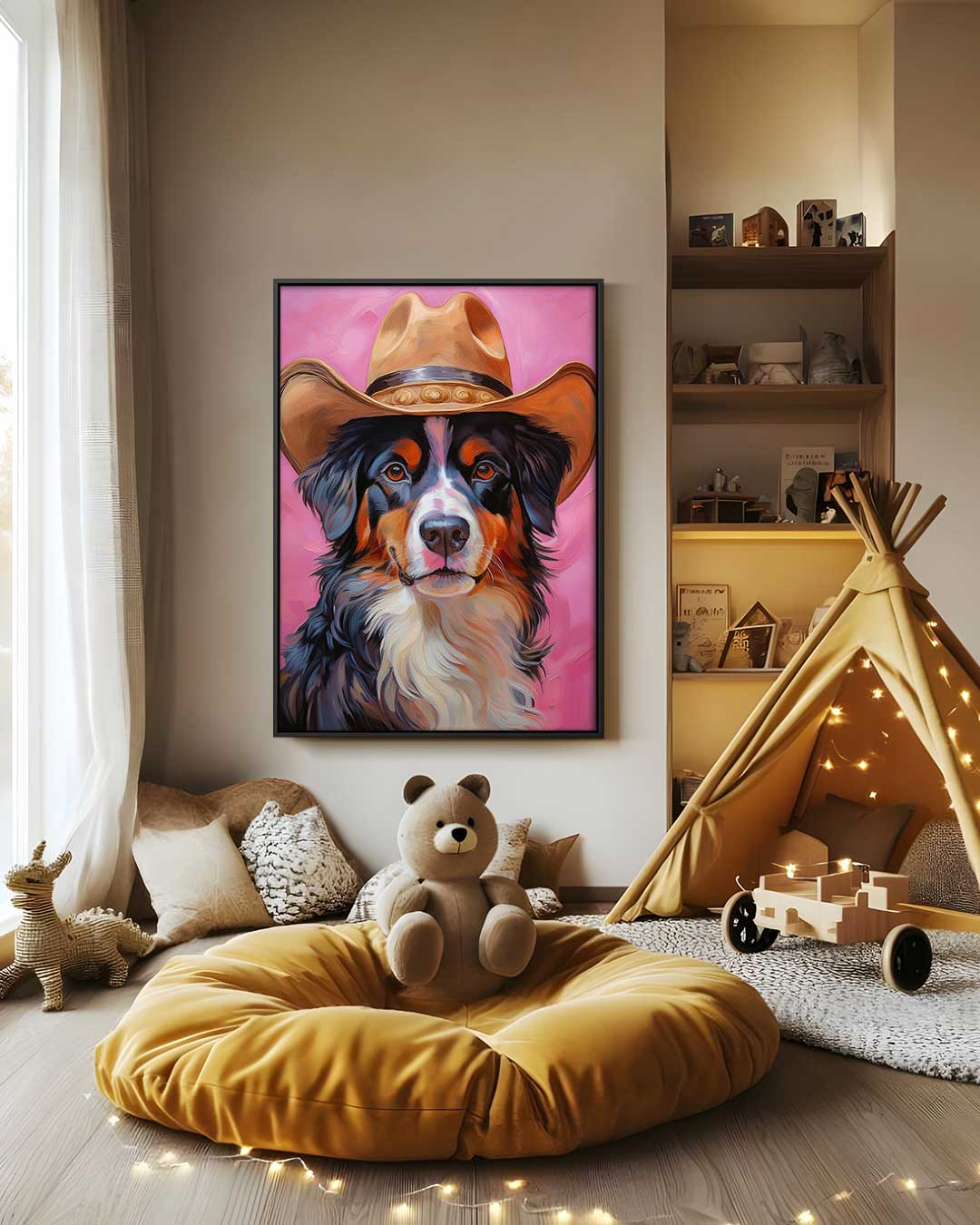 Stoere Hond met Cowboyhoed – canvas wanddecoratie in portret formaat