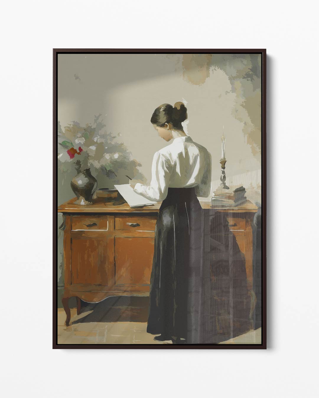 Vrouw Schrijvend aan Het Bureau – portret kunstwerk als wanddecoratie