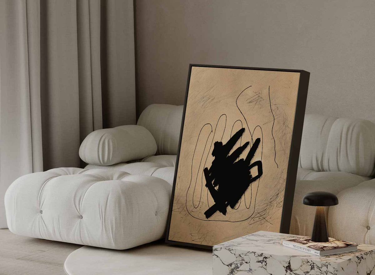 Abstracte Expressie in Zwart en Beige – staande wandkunst voor woonkamer of interieur