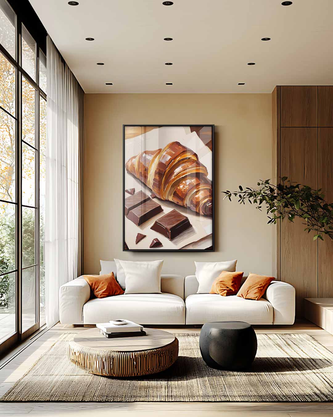 Smakelijke Croissant met Chocolade Schilderij – plexiglas wanddecoratie in portret formaat