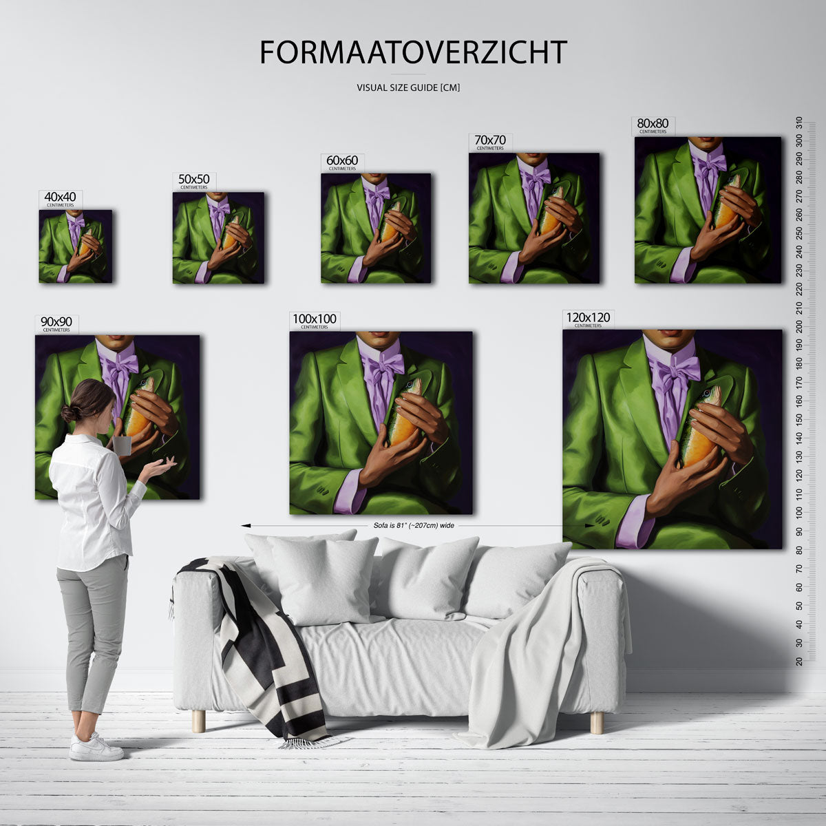 Groen pak met vis – vierkante muurposter met kleurrijke vormen