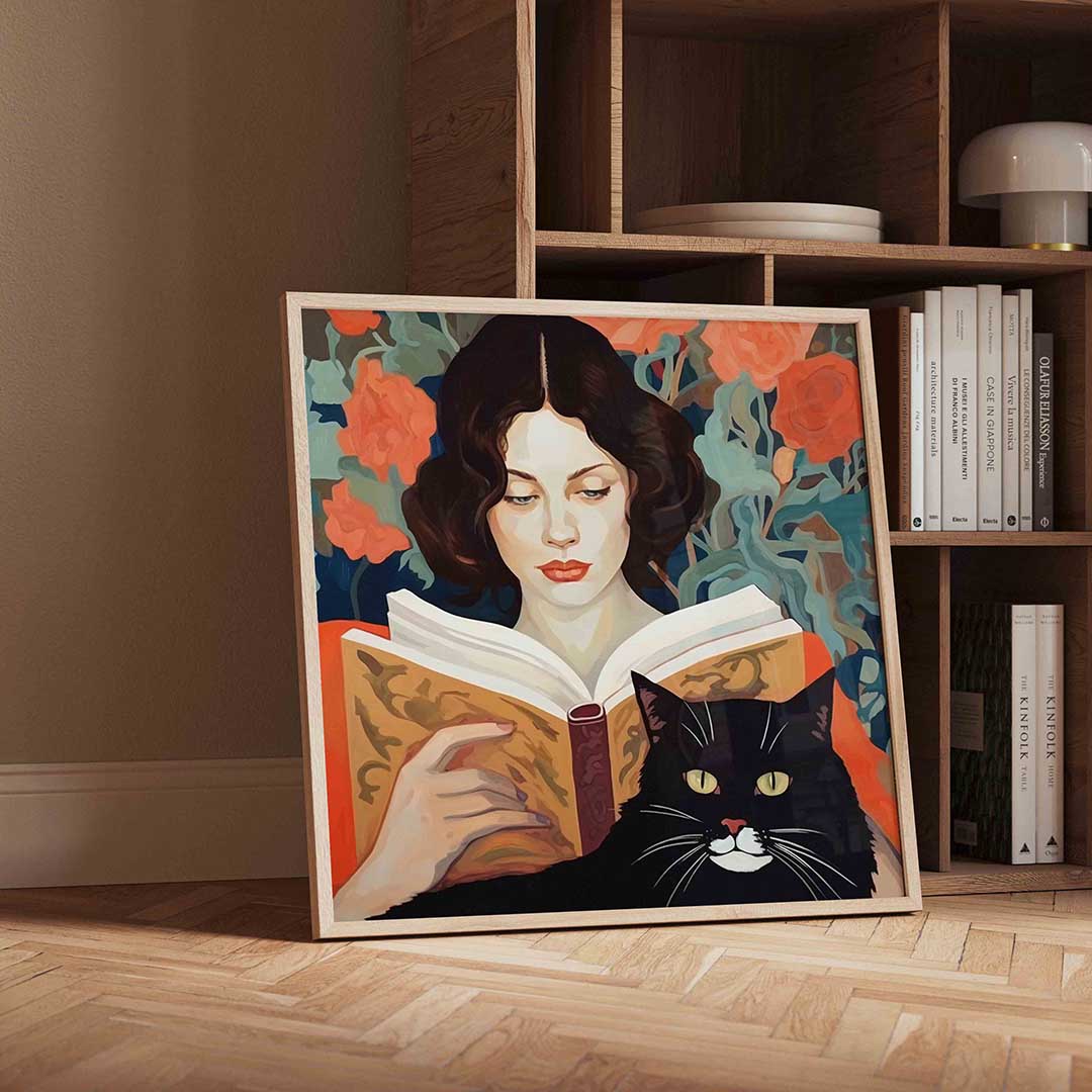 Lezende vrouw en kat – vierkante portret wanddecoratie van WallArtistic