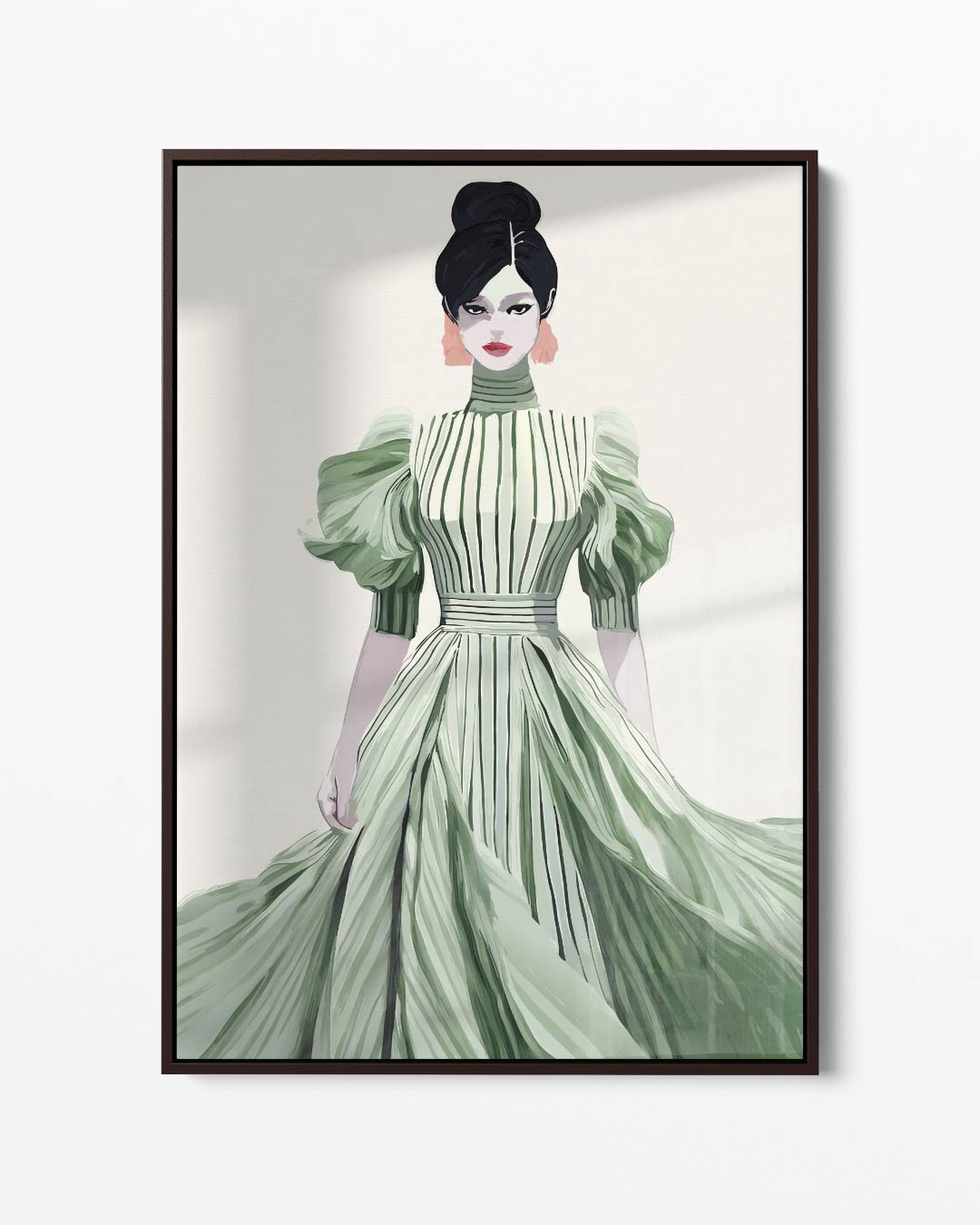 Elegante Mode Illustratie van Vrouw in Groene Jurk – portret kunstwerk als wanddecoratie