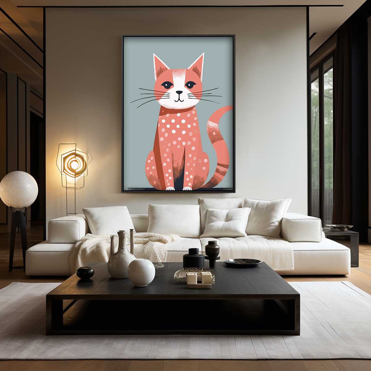 Vrolijke Gestipte Kat – kunstwerk met zwarte baklijst