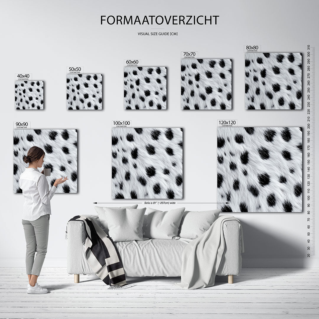 Vlekkenpatroon kunstwerk – dit werk toont een dynamisch patroon van zwarte vlekken op een witte achtergrond, met een textuur