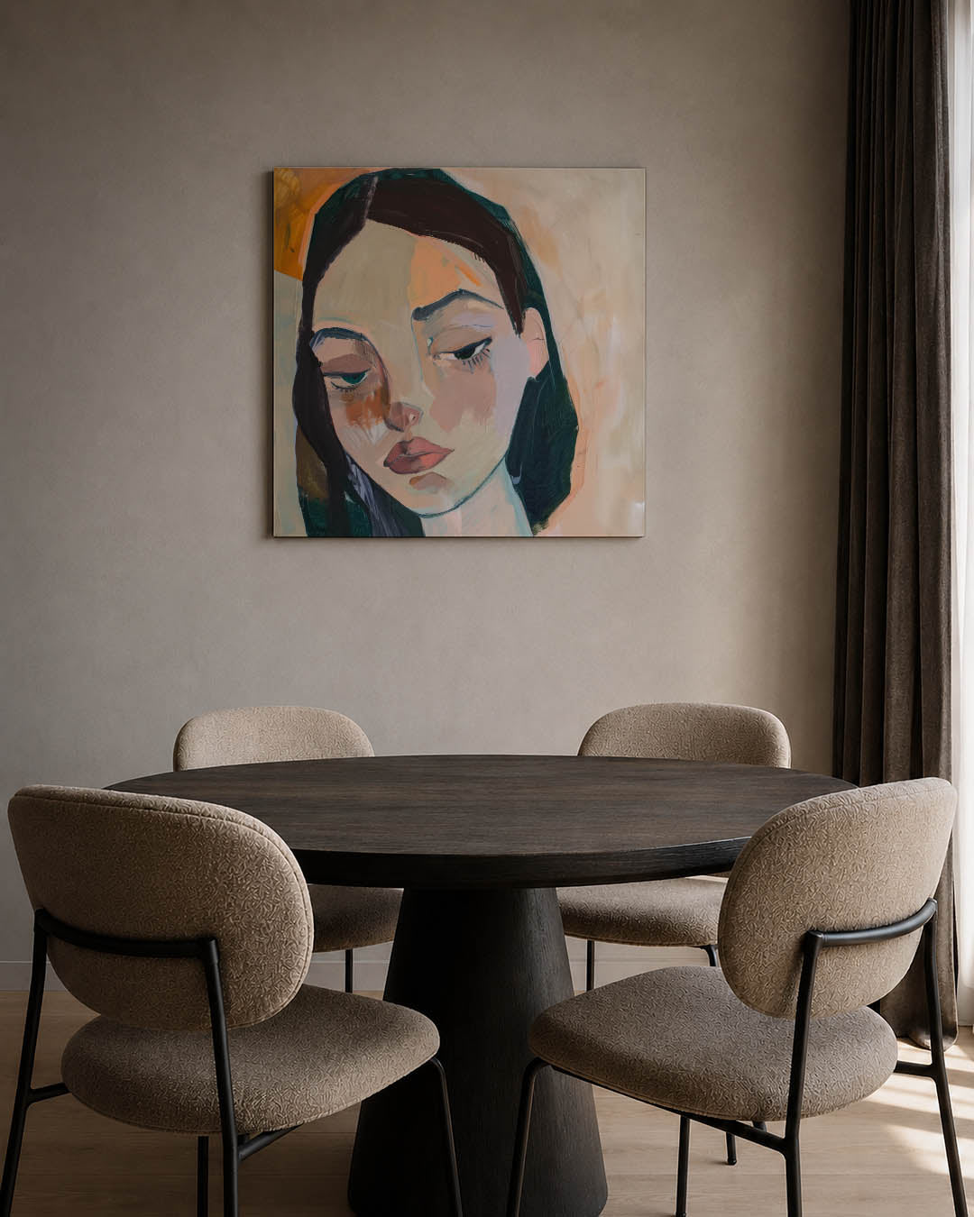 Portretstudie kunstwerk – tweede productweergave – dit werk toont een portret met gedurfde penseelstreken en zachte kleuren.