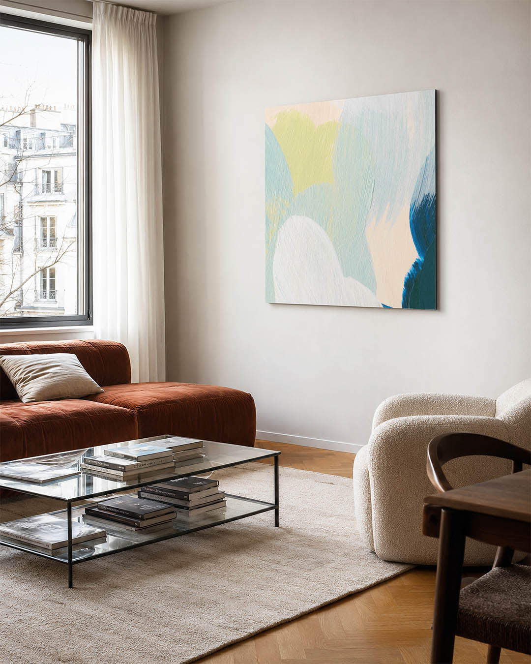 Kleurrijke vegen kunstwerk – vierkante wanddecoratie – dit werk toont een dynamische compositie van vloeiende penseelstreken