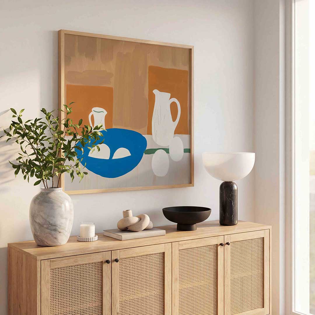 Stilleven met kannen en schaal – kunst en design poster in vierkant formaat