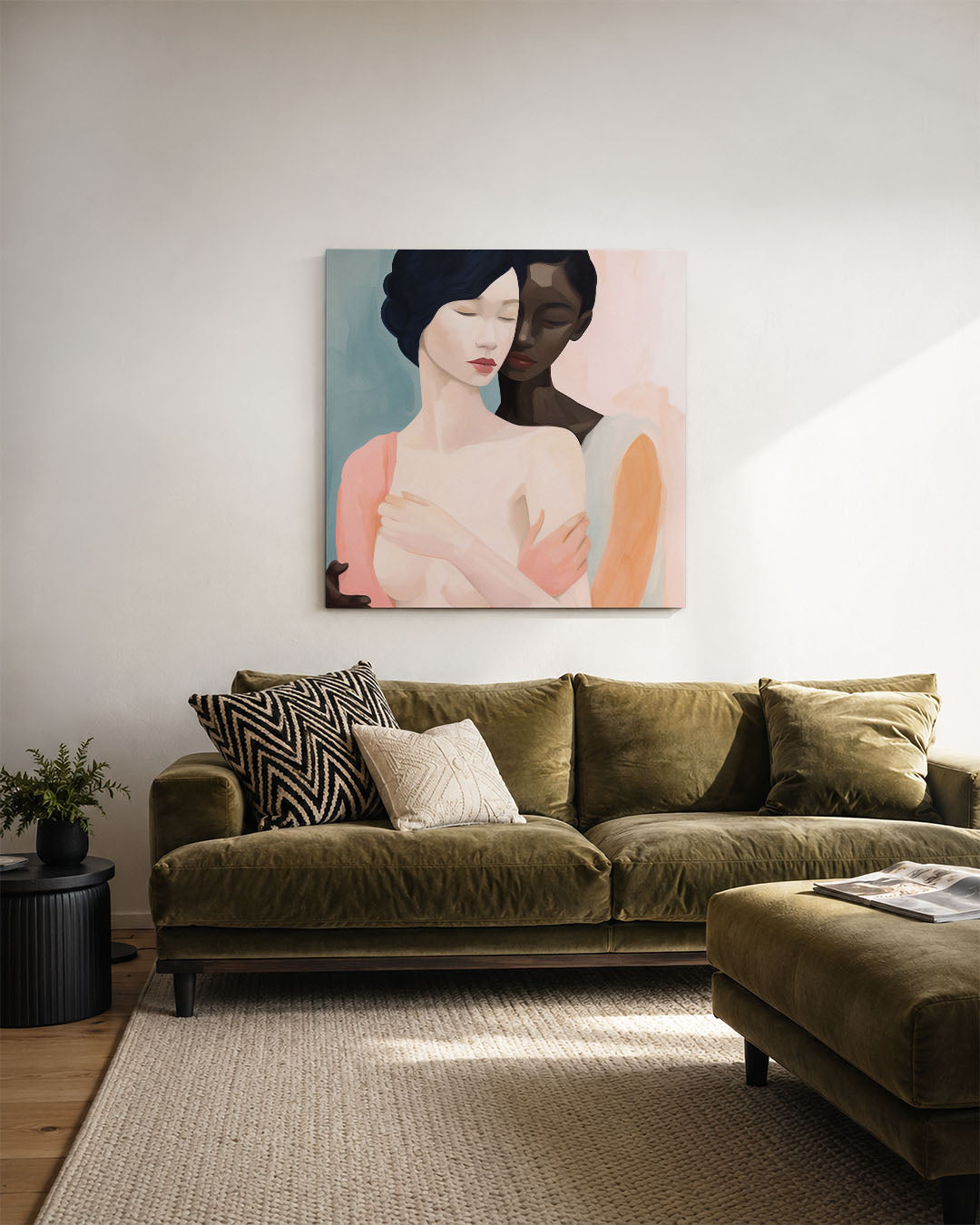 Intieme omhelzing kunstwerk – derde productweergave – dit kunstwerk toont twee figuren in een zachte omhelzing, met vloeiende