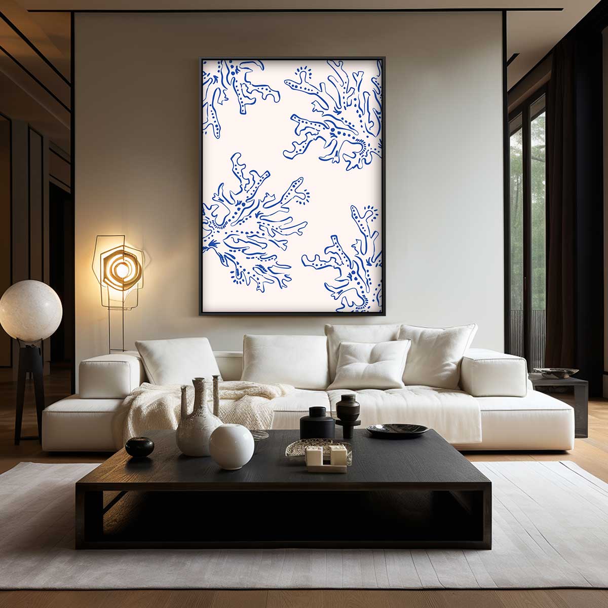 Abstracte Blauwe Koraalpatroon – kunstwerk met zwarte baklijst
