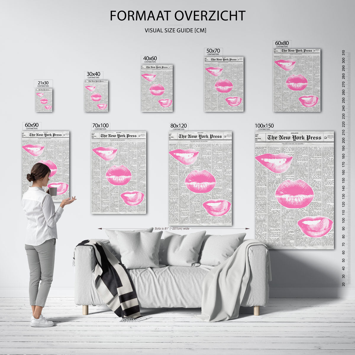 Roze lippen op krantenachtergrond – staande muurposter in Pop Art stijl