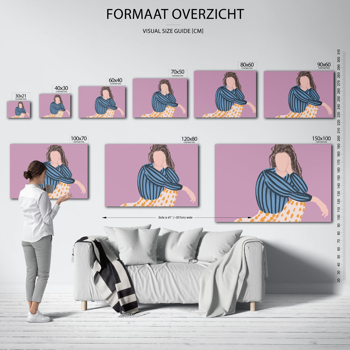 Gestreepte trui en stippen rok – landscape muurposter met eigentijdse illustratie