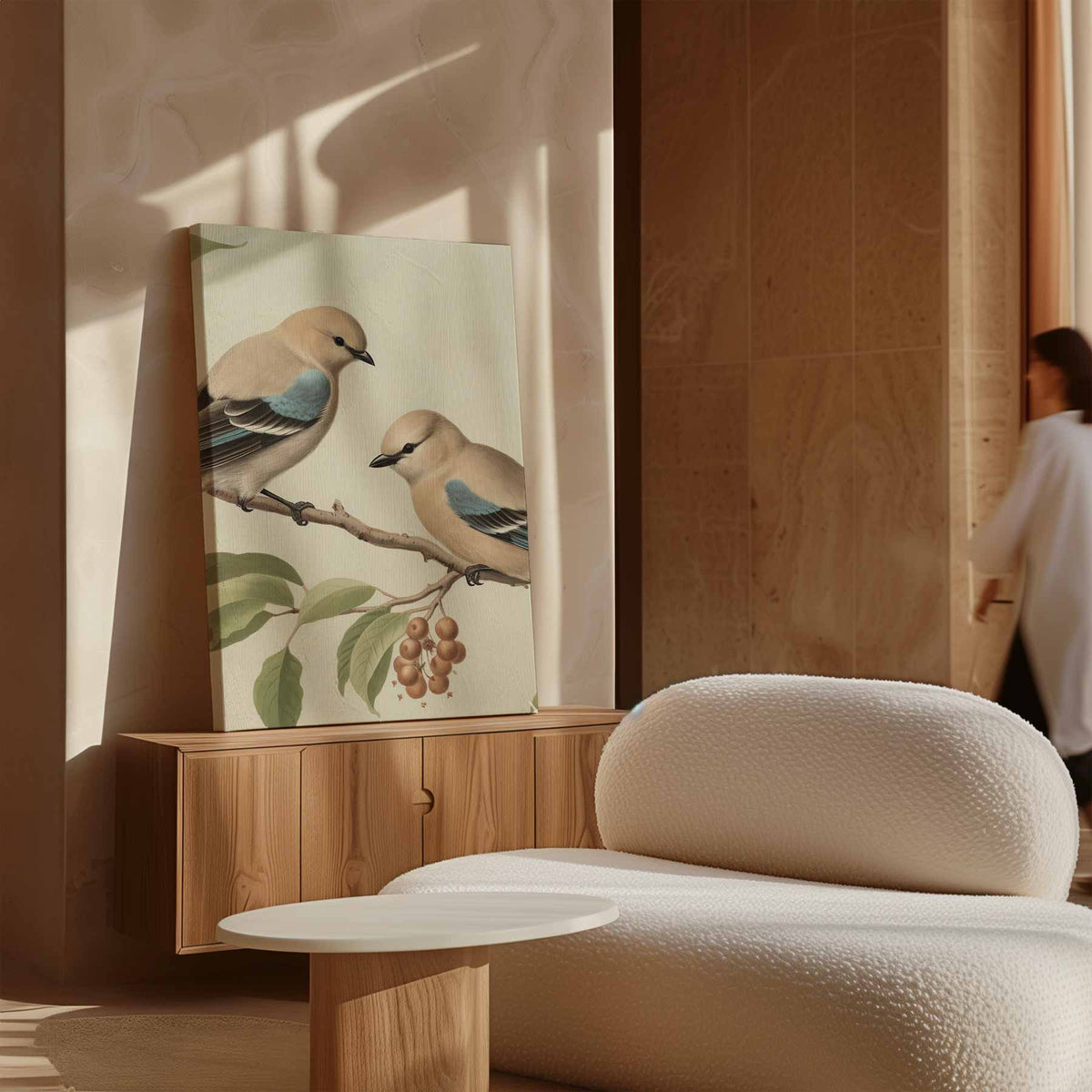 Twee Vogelvriendjes op een Tak – canvas wanddecoratie in portret formaat