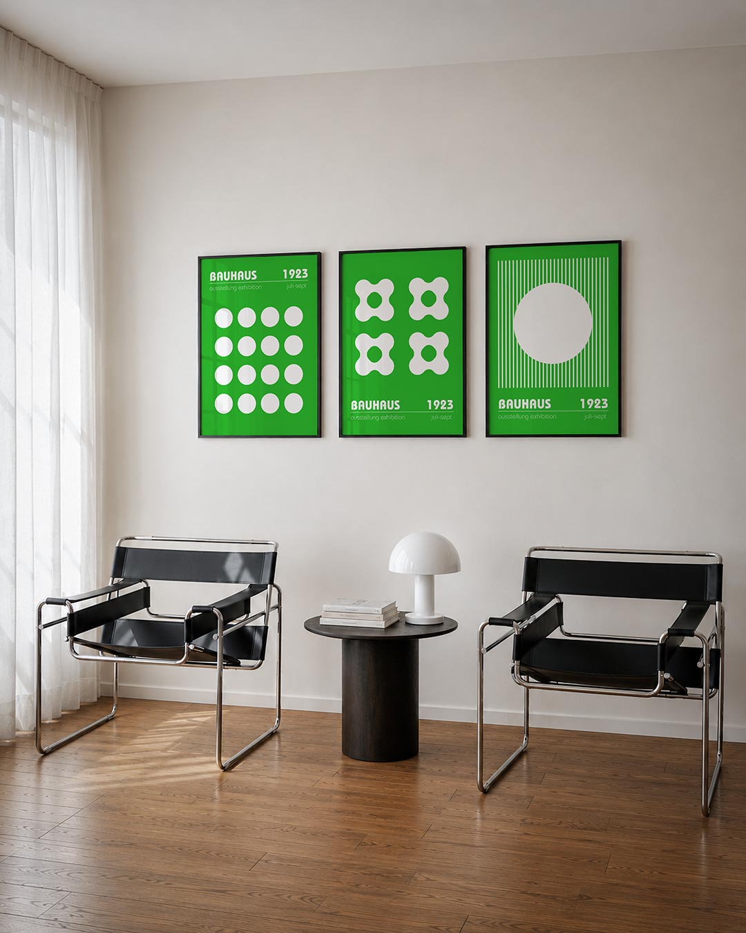 Cirkelritme groen posterset – tweede productweergave – deze posterset in drie delen toont een levendig groen vlak met een