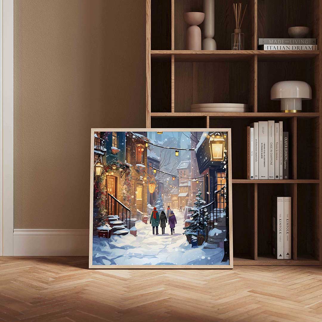 Winterse straat met sneeuw – kerstposter in vierkant formaat