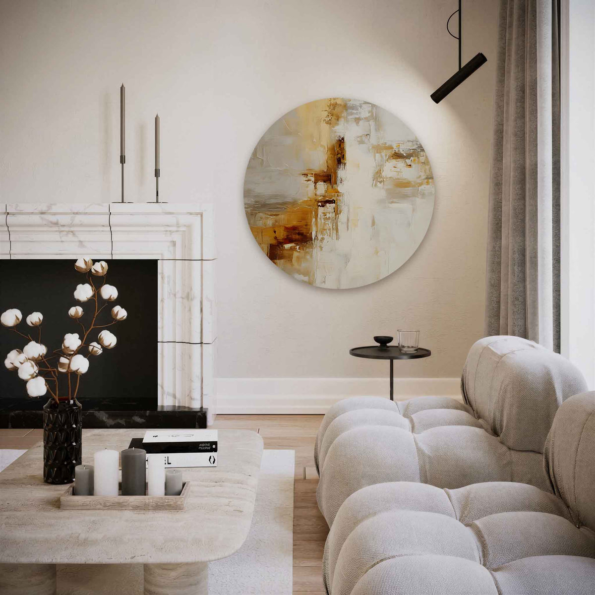 Abstracte beige – abstracte muurcirkel als ronde wanddecoratie