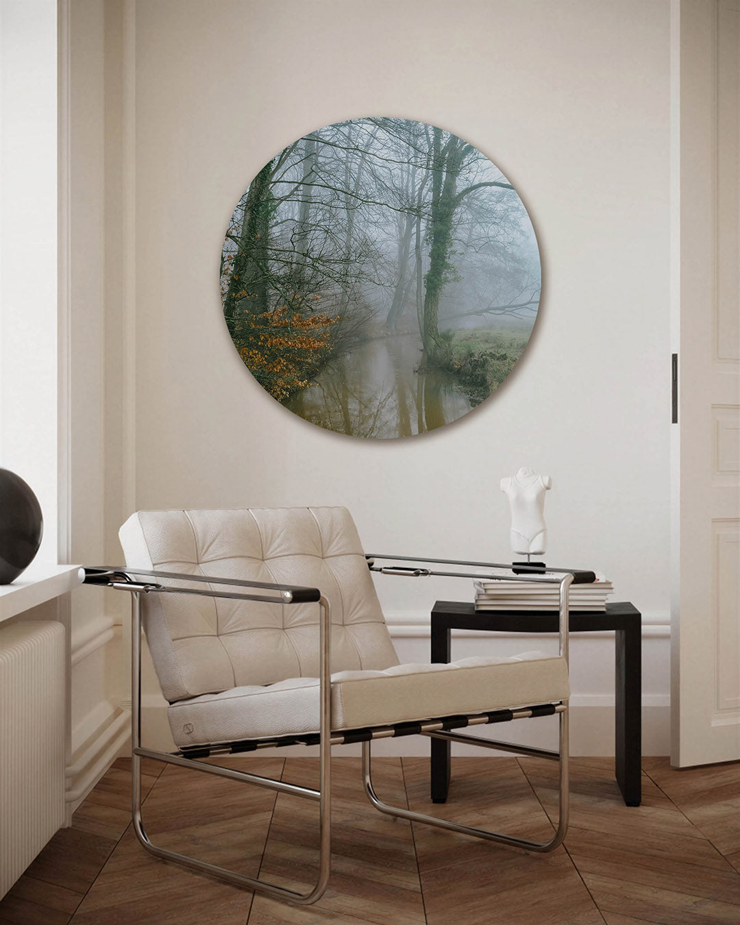 Mistige boslandschap – fotografie muurcirkel als ronde wanddecoratie