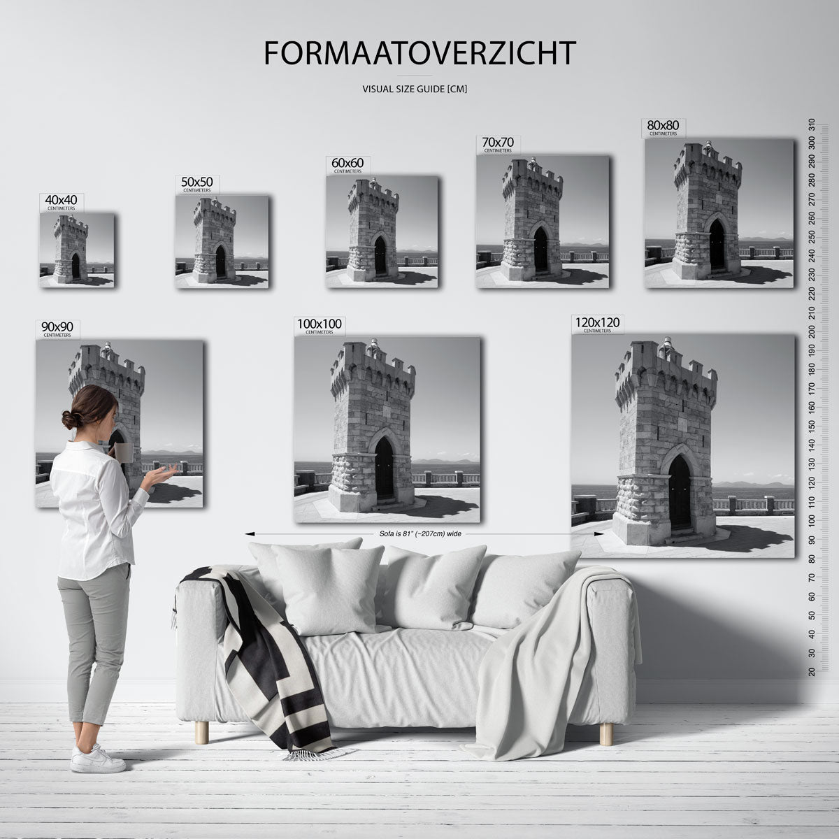 Toren kunstwerk – materiaalweergave – een stenen toren met kantelen staat op een terras met uitzicht op de zee. De compositie
