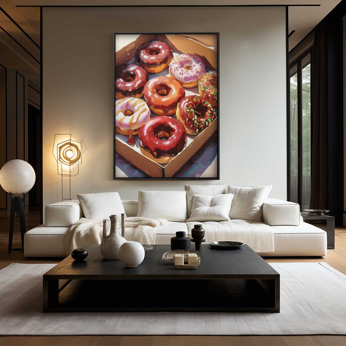 Donut Delight in Kleurrijke Doos – kunstwerk met zwarte baklijst