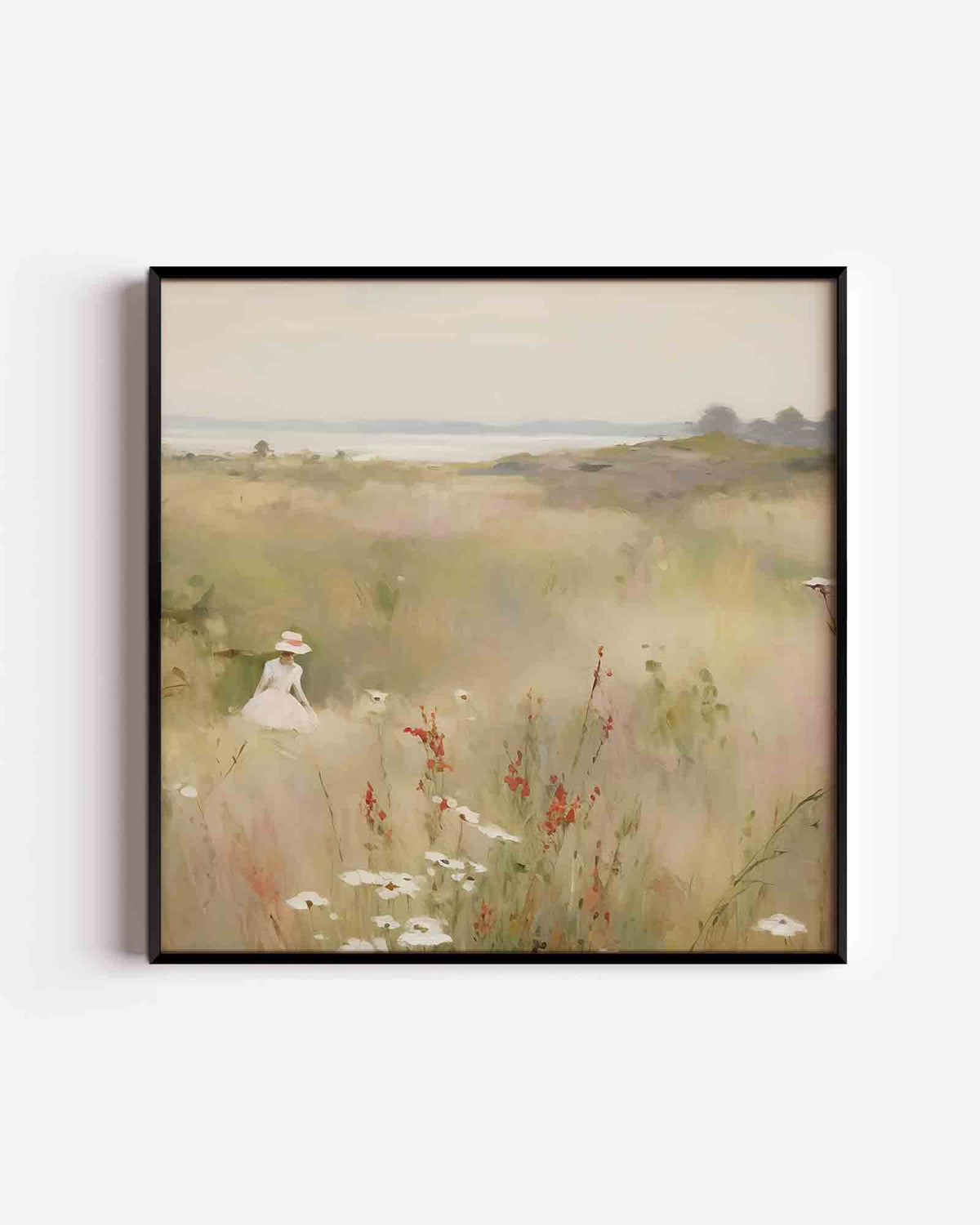 Vrouw in bloemenveld – vintage vierkante poster als wanddecoratie