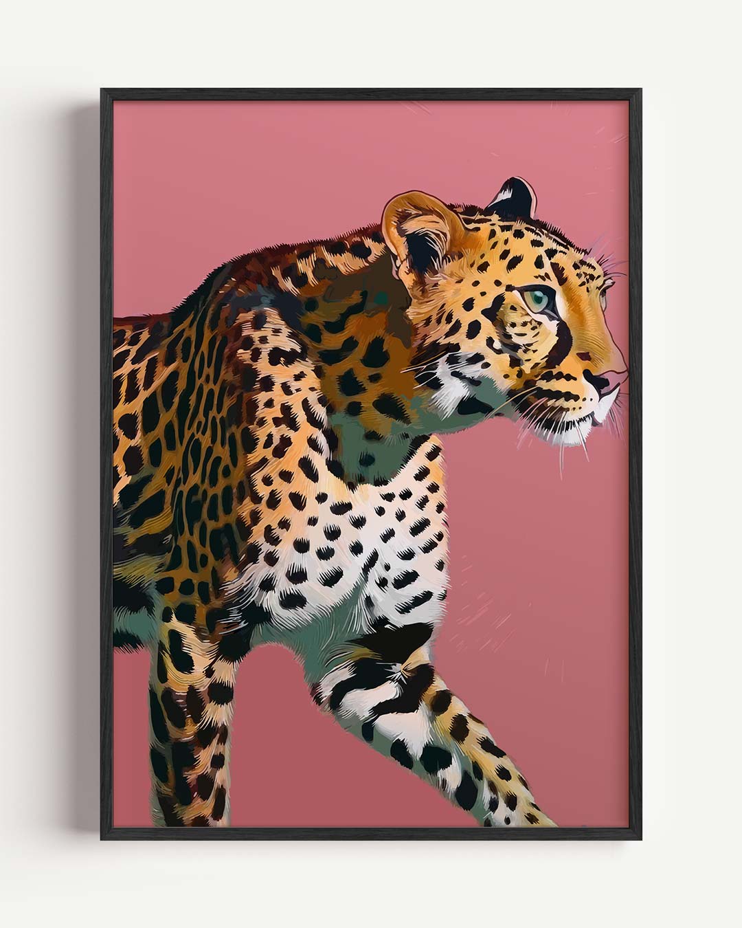 Sierlijke Panter op Roze Achtergrond – dieren portret poster als wanddecoratie