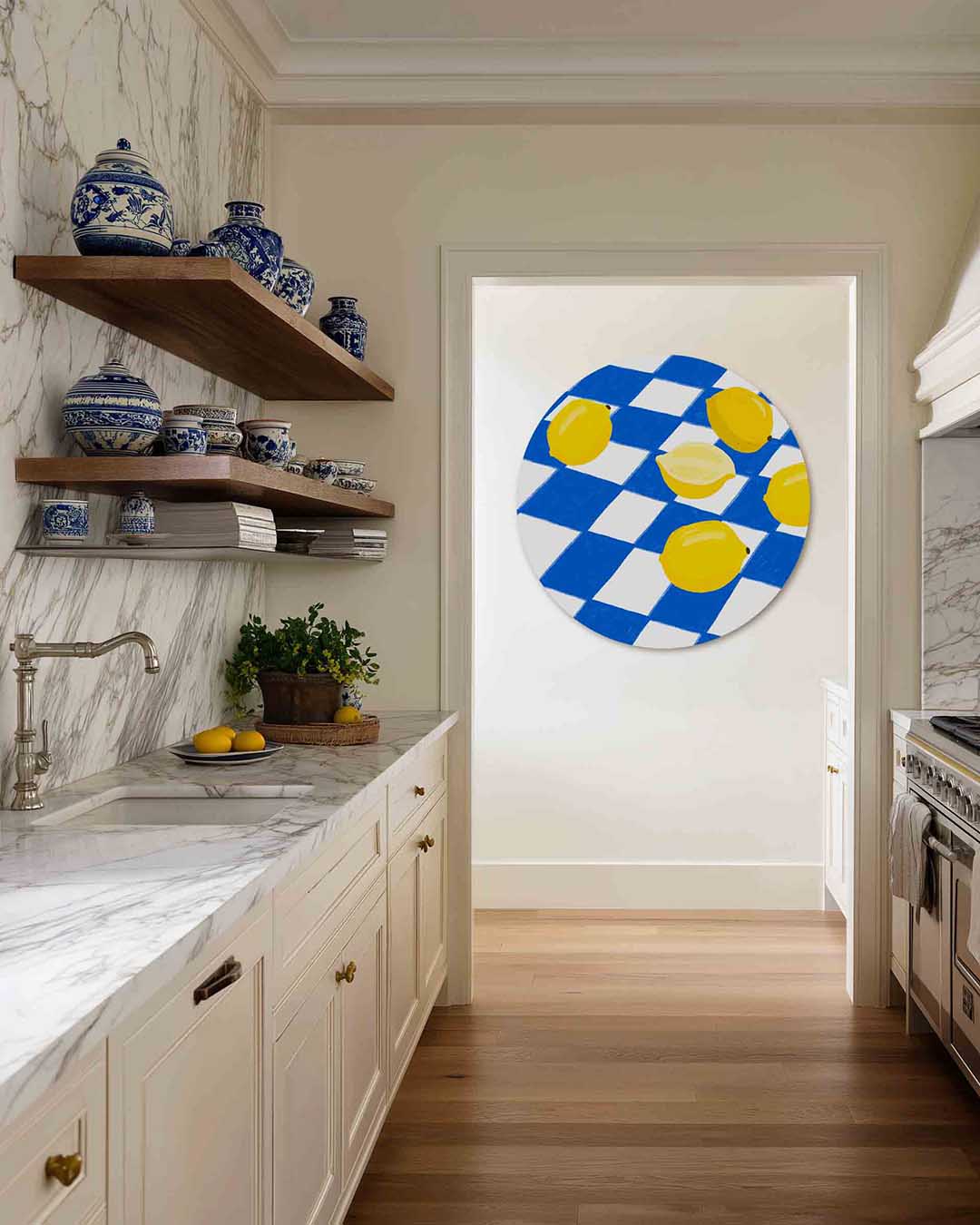 Citroenen op blauw wit – kleurrijke Pop Art muurcirkel voor aan de muur