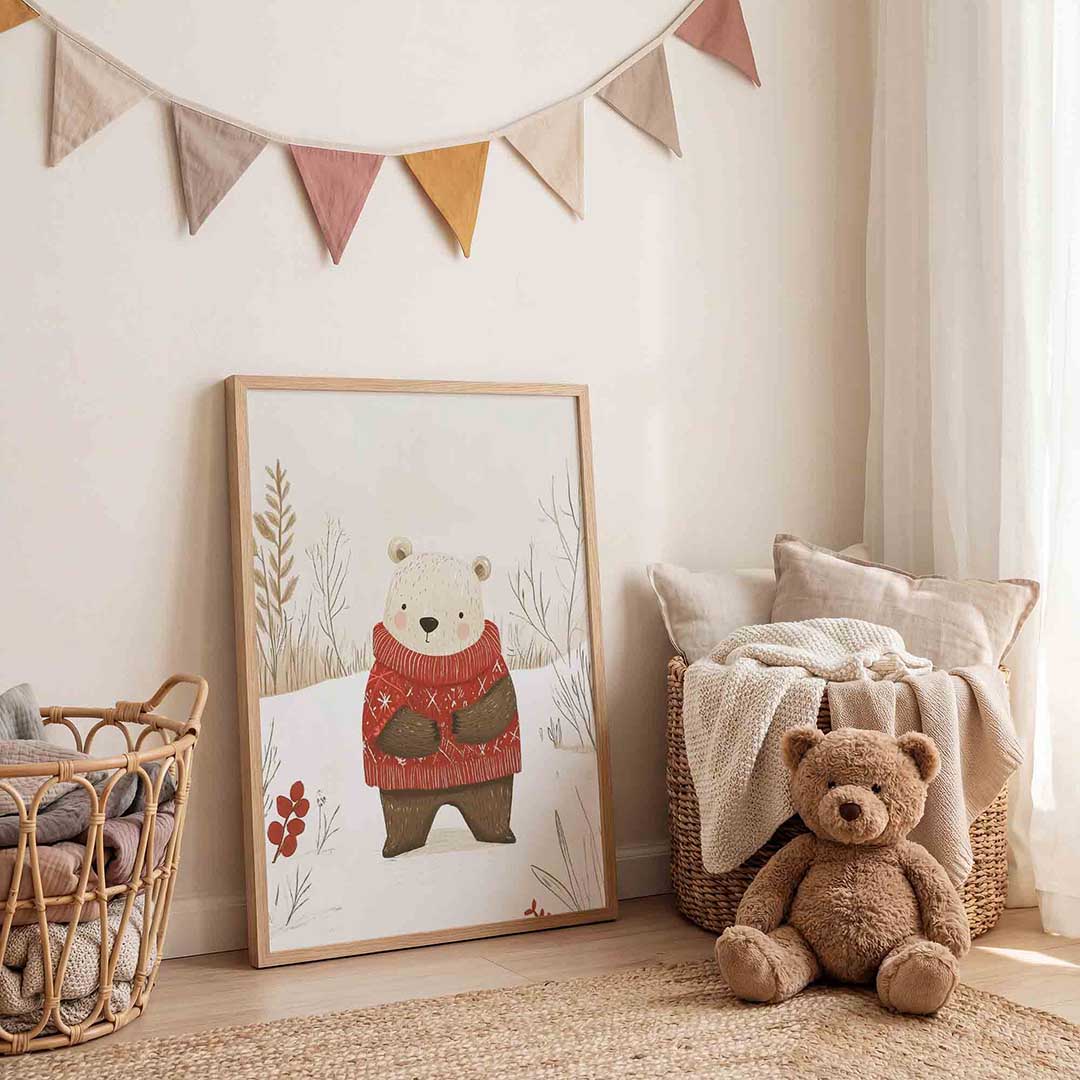 Beer met rode trui – speelse wandkunst als portret kinderposter