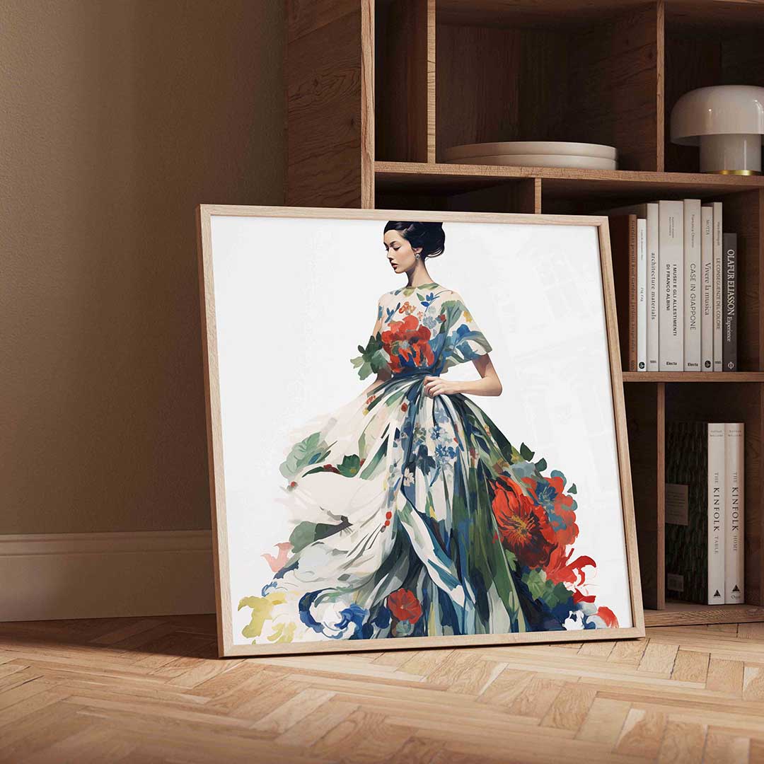 Vrouw met bloemenjurk – geïllustreerde wandkunst als vierkante poster