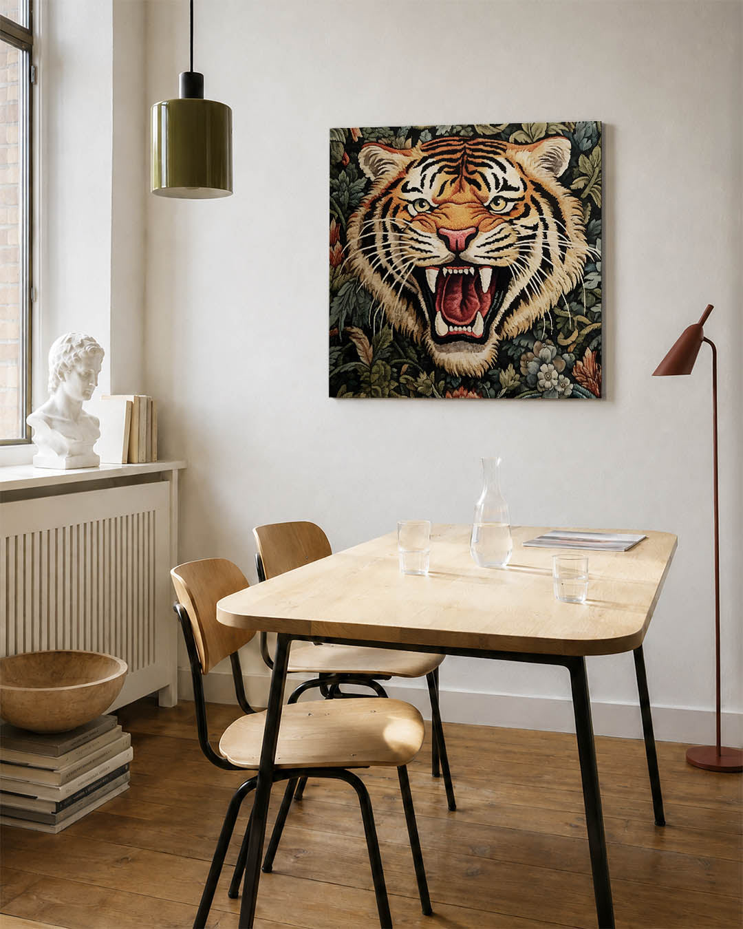 Dierlijke kracht kunstwerk – detailweergave – dit kunstwerk toont een krachtige tijgerkop met intense kleuren en