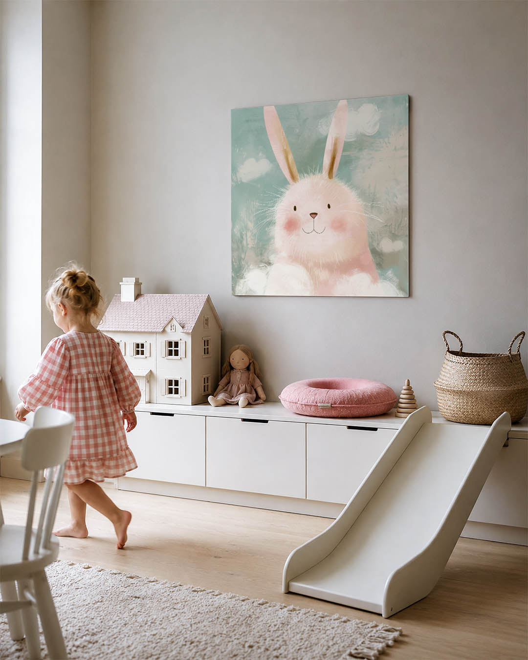 Dromerige illustratie kunstwerk – tweede productweergave – een schattig dier met zachte lijnen en pastelkleuren. De