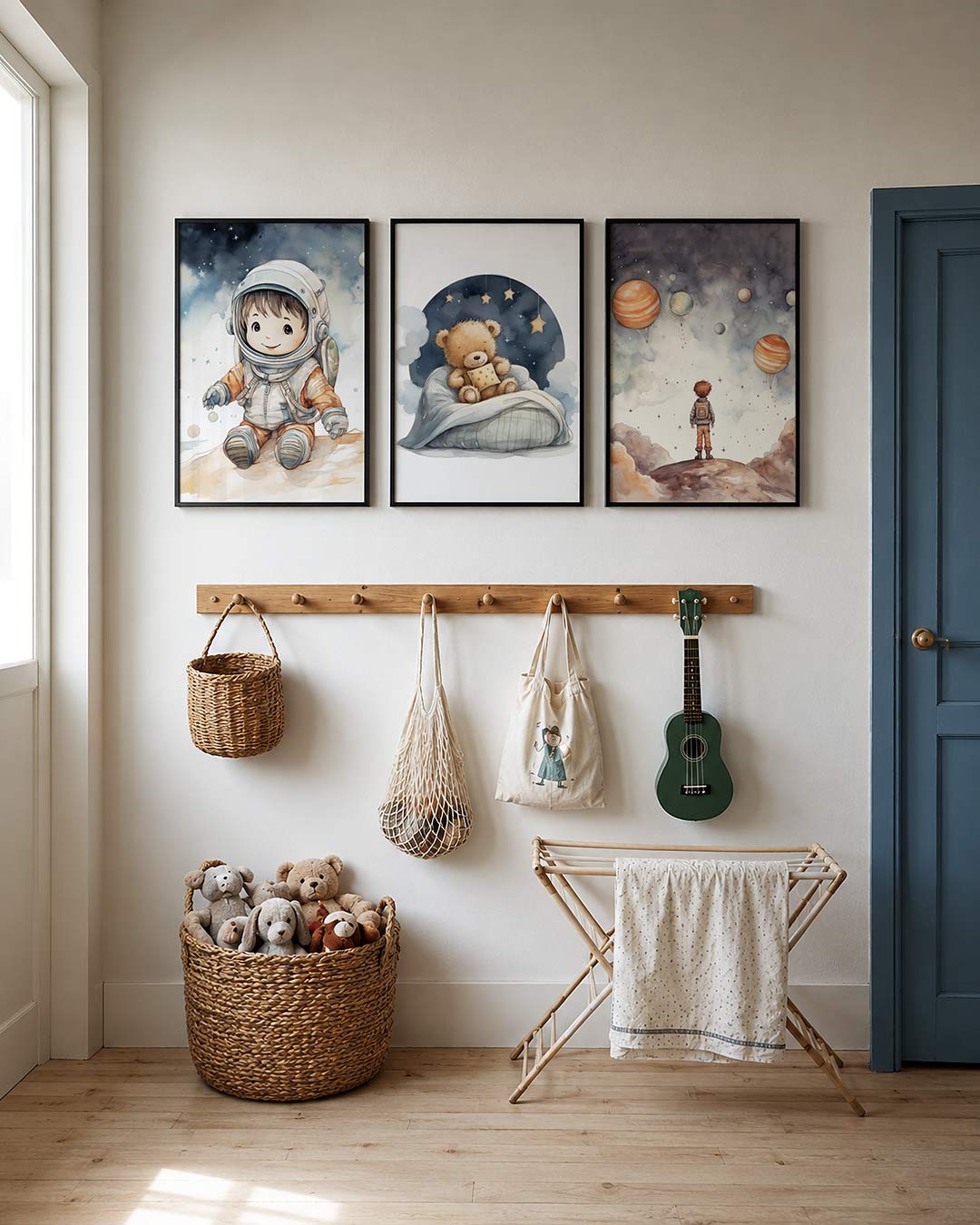 Sterrenhemel avontuur posterset – detailweergave – een jongen met rugzak kijkt naar planeten als
