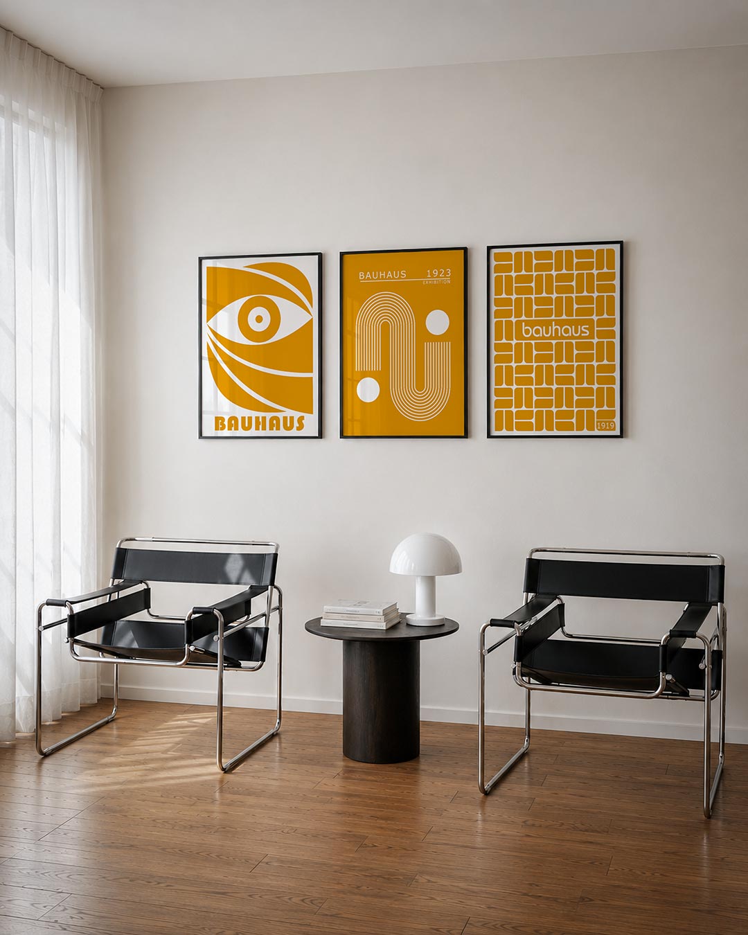 Oog en lijnen posterset – derde productweergave – een opvallend oog in oranje met vloeiende lijnen en een ronde vorm. De