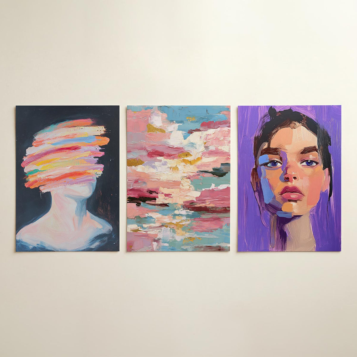 Kleurenstreep portret driedelige posterset in interieur